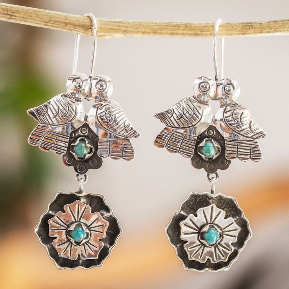 Lovebird Turquoise Dangle Earrings 'Taxco Lovebirds'
