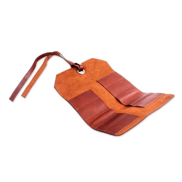 Alternate image for Artisan Crafted Chestnut Brown Leather Small Tool Roll Bag Ready for Work