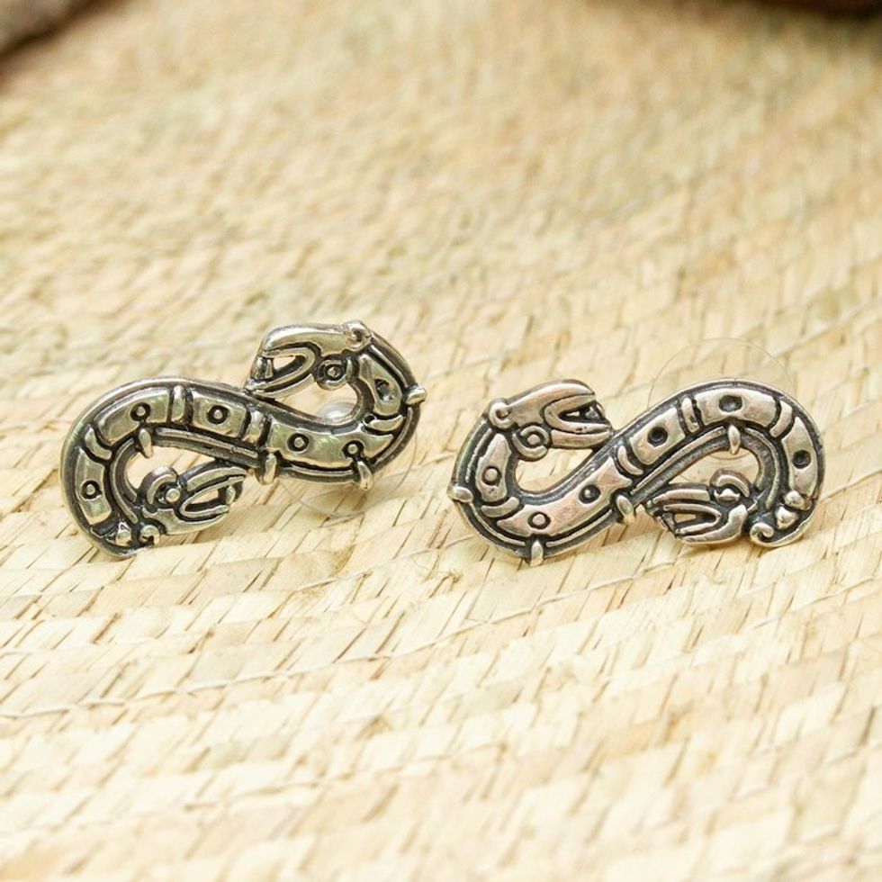 Quetzalcoatl Inspired Sterling Silver Button Earrings 'Feathered Snake'