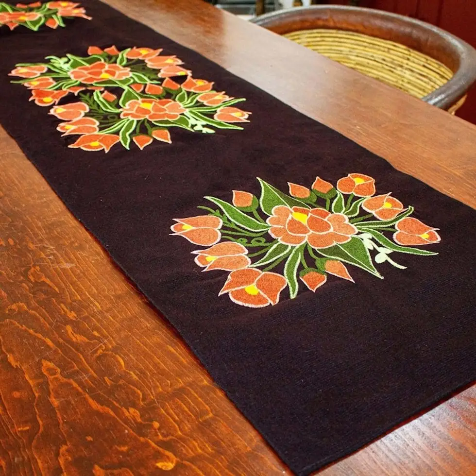 Fair Trade Black and Orange Woven 100 Cotton Table Runner 'Orange Chiapas Flowers'
