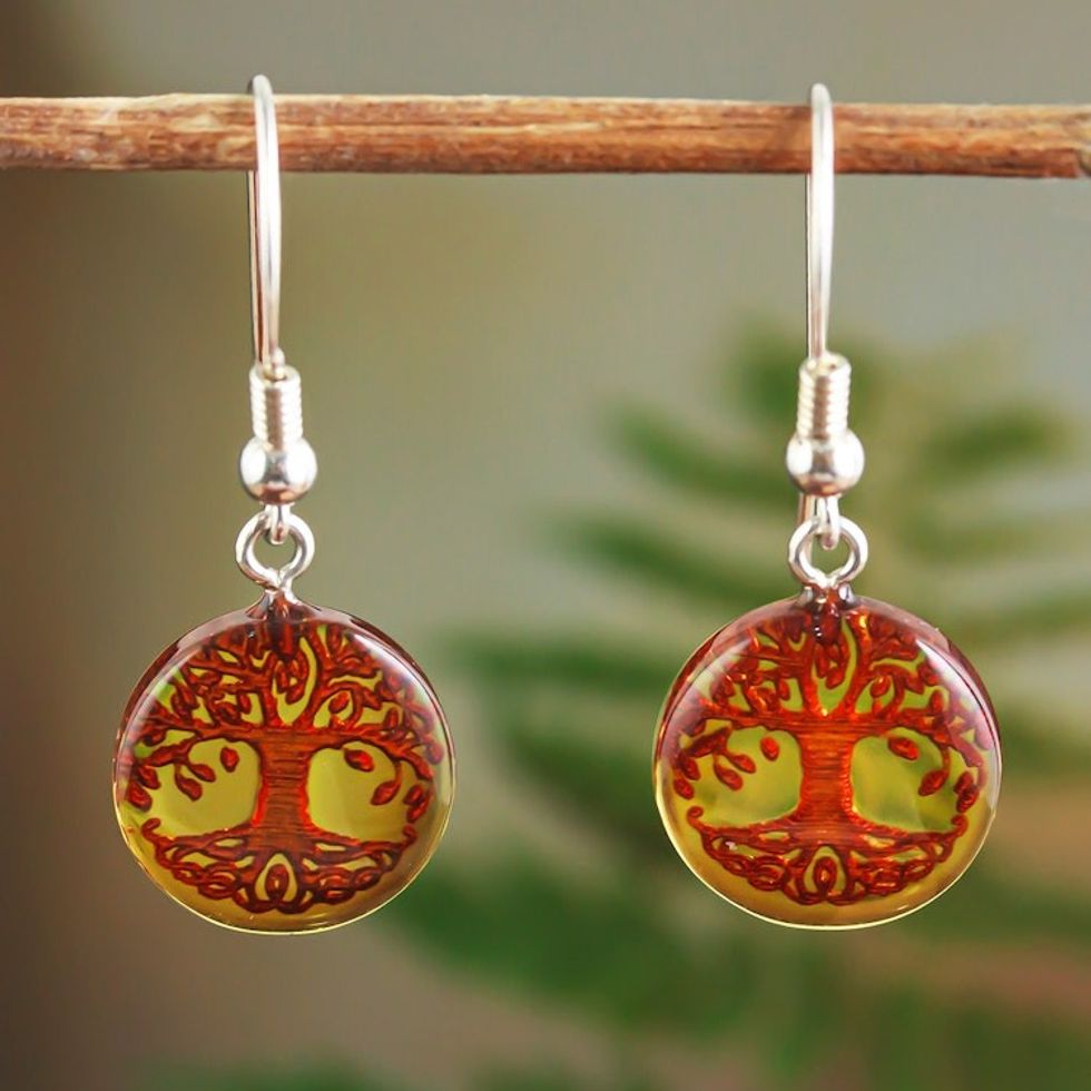 Amber Disk Earrings with Tree Motif on Sterling Silver Hooks 'Anahuac Trees'