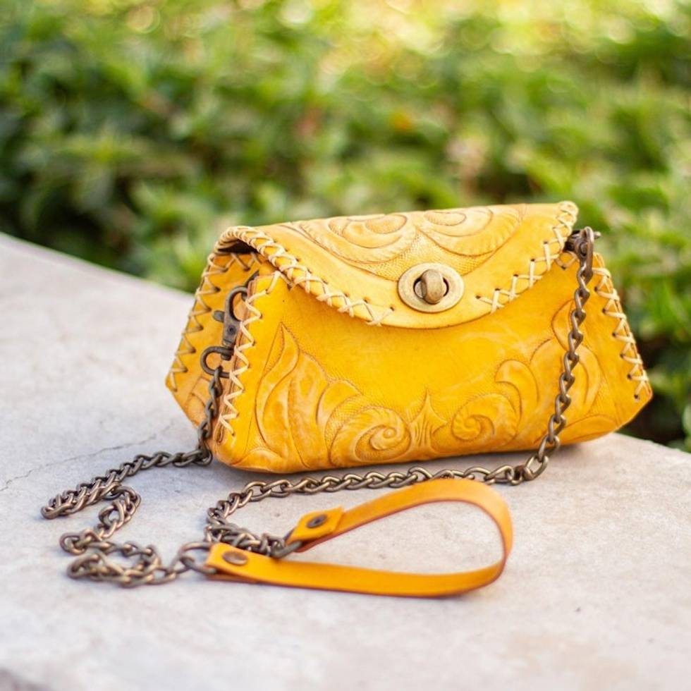 Golden Tooled Leather Shoulder Bag or Clutch 'Golden Flourish'