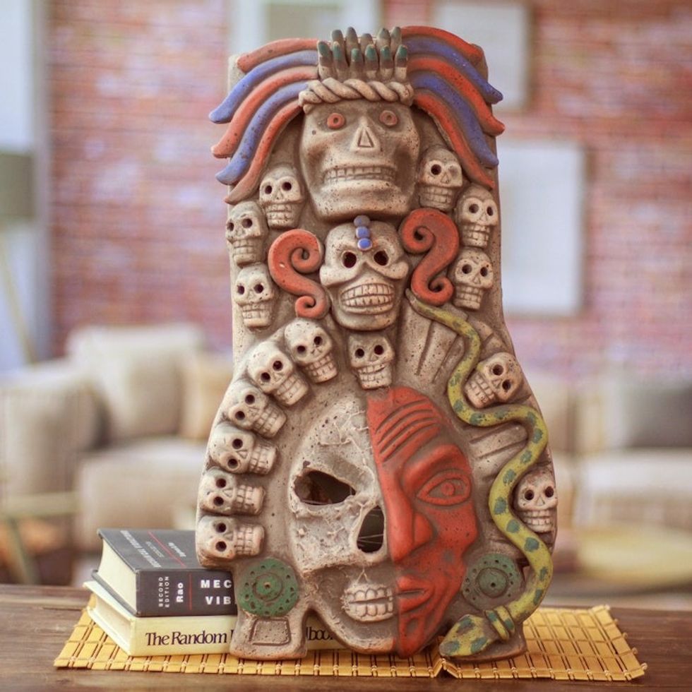 Handcrafted Guardian of the Dead Ceramic Mask Wall Art 'Mictlantecuhtli'