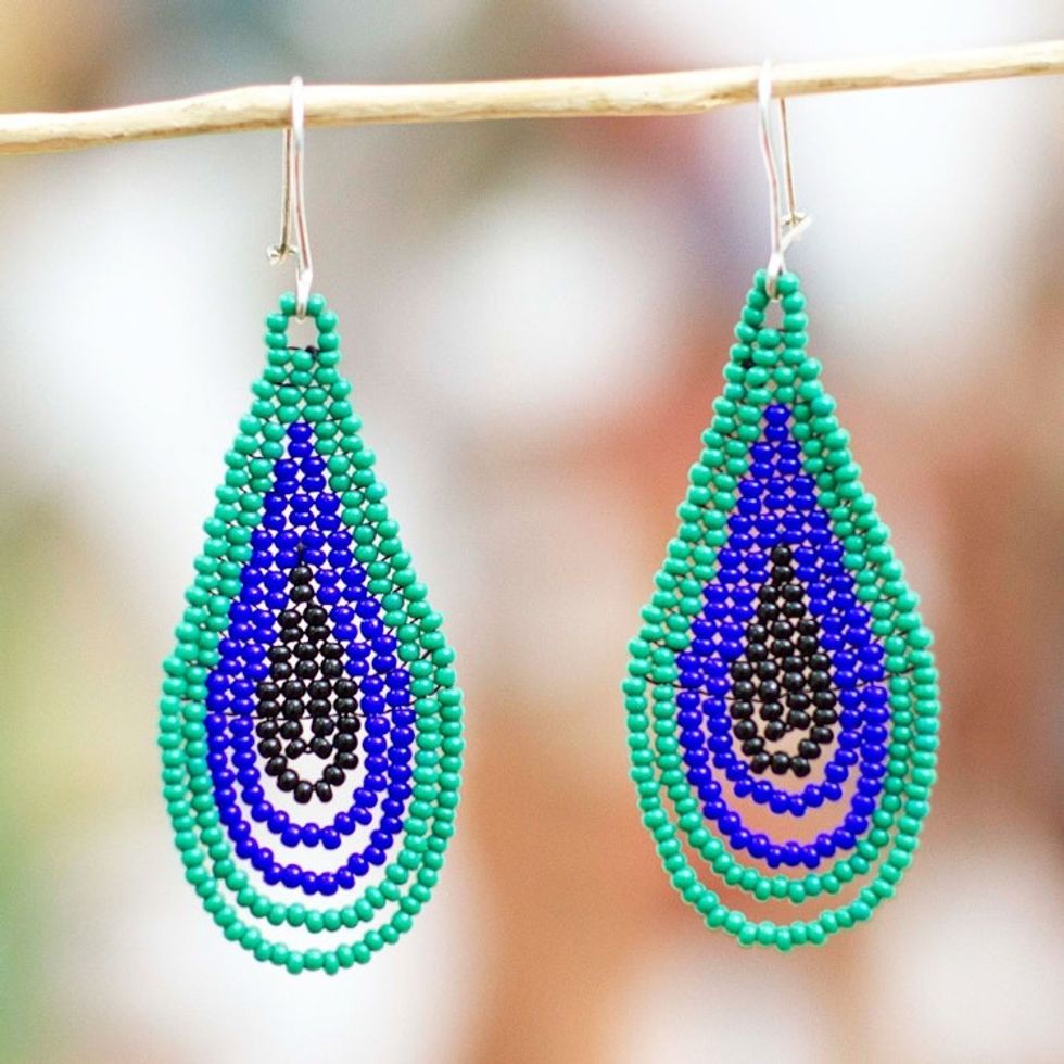 Green and Blue Drop-Shaped Beaded Earrings from Mexico 'Rain Forest Drops'