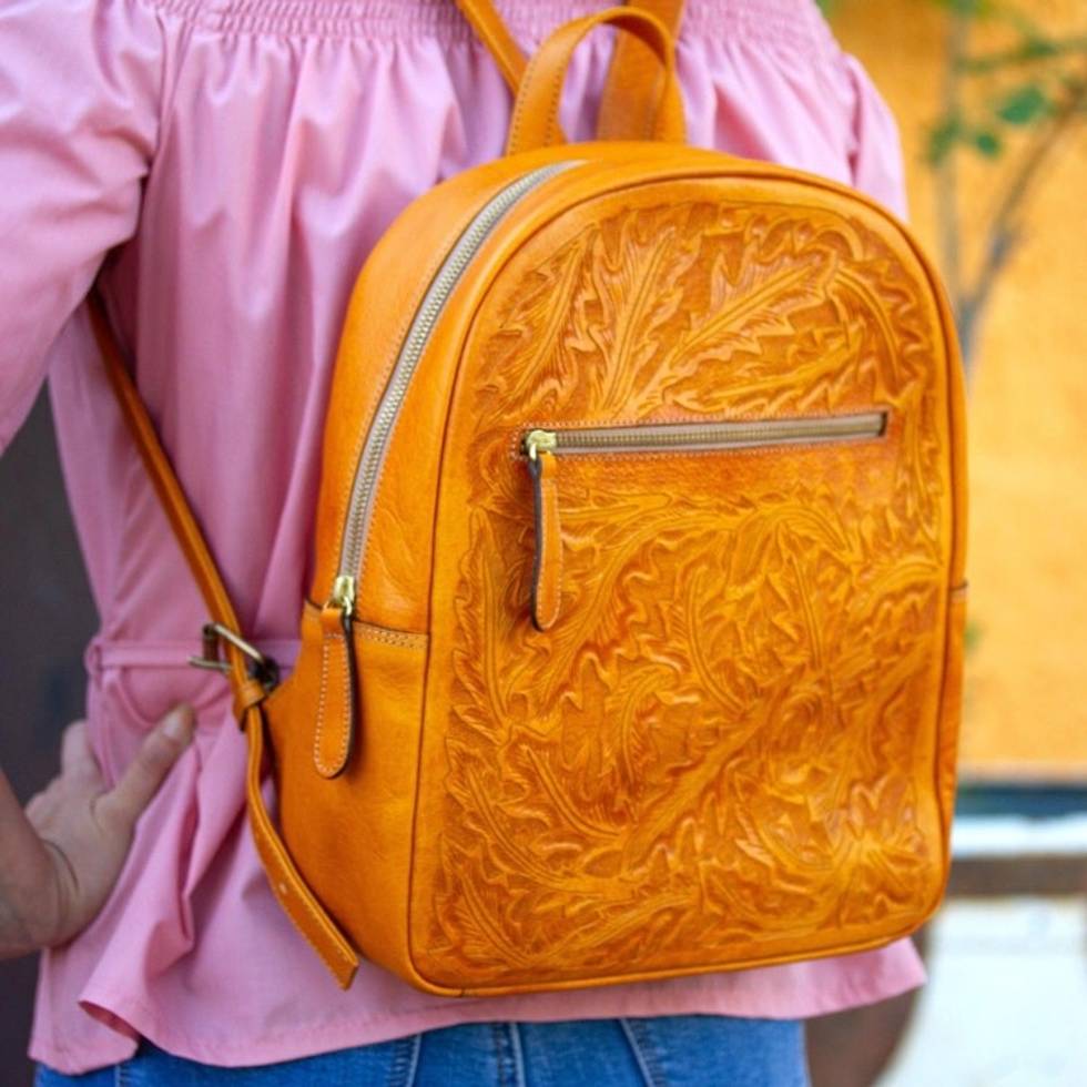 Floral Pattern Leather Backpack in Saffron from Mexico 'Floral Artisan in Saffron'