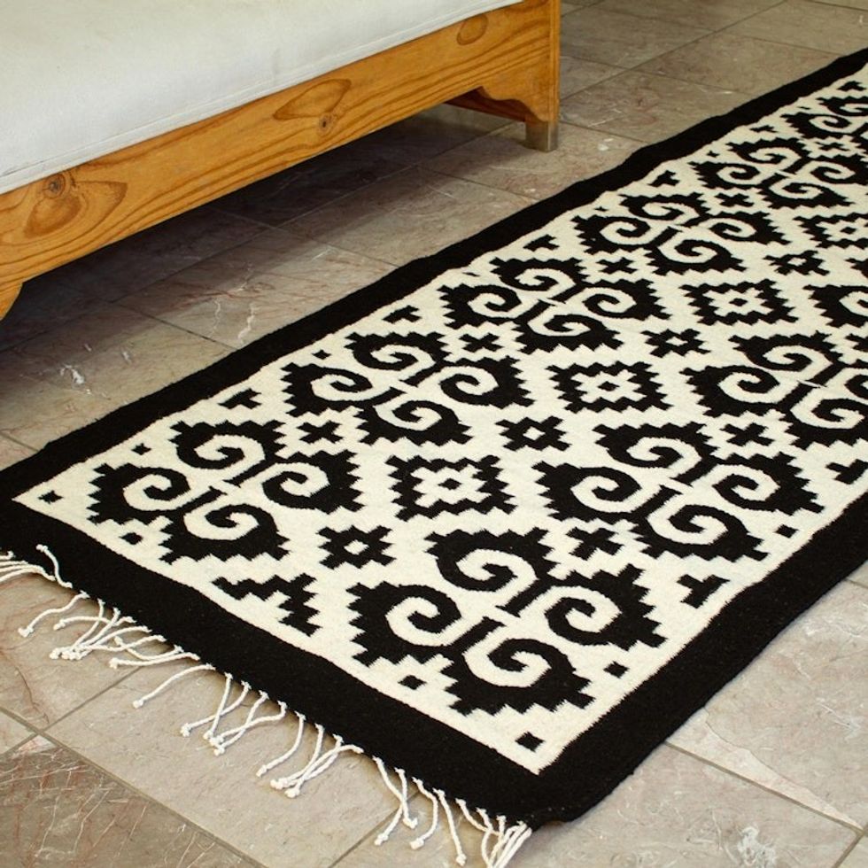 Long Black and Off-White Wool Runner Rug 'Dramatic Fretwork'