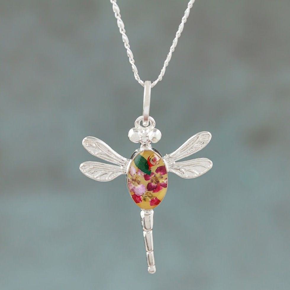 Sterling Silver Dragonfly Pendant Necklace with Flowers 'Orange Anahuac Dragonfly'