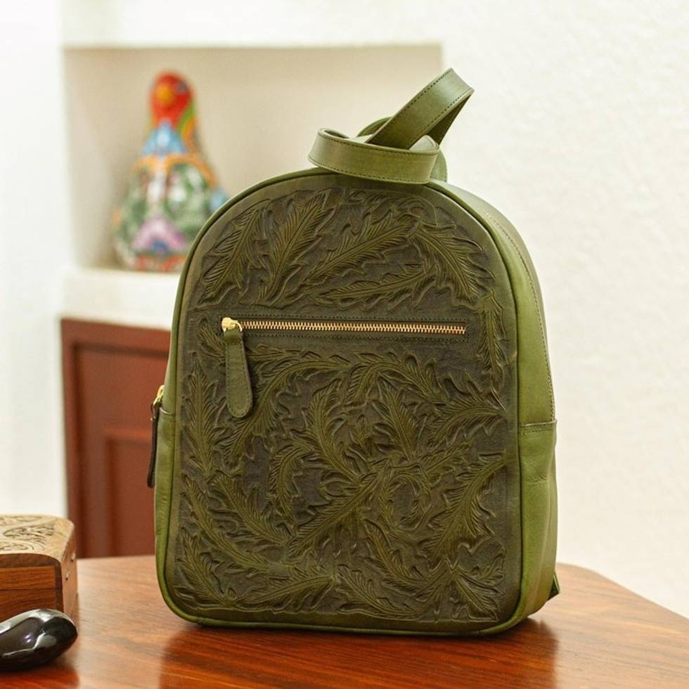 Hand Tooled Olive Leather Backpack 'Falling Leaves in Olive'