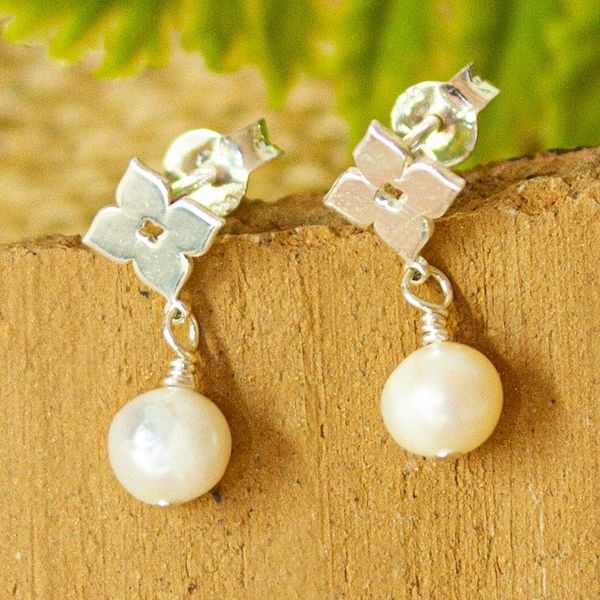Alternate image for Silver and Cultured Pearl Flower Dangle Earrings from Mexico Moroccan Flowers