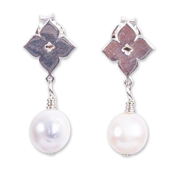Alternate image for Silver and Cultured Pearl Flower Dangle Earrings from Mexico Moroccan Flowers