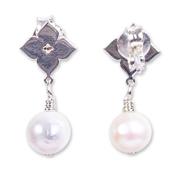 Alternate image for Silver and Cultured Pearl Flower Dangle Earrings from Mexico Moroccan Flowers