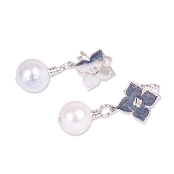 Alternate image for Silver and Cultured Pearl Flower Dangle Earrings from Mexico Moroccan Flowers