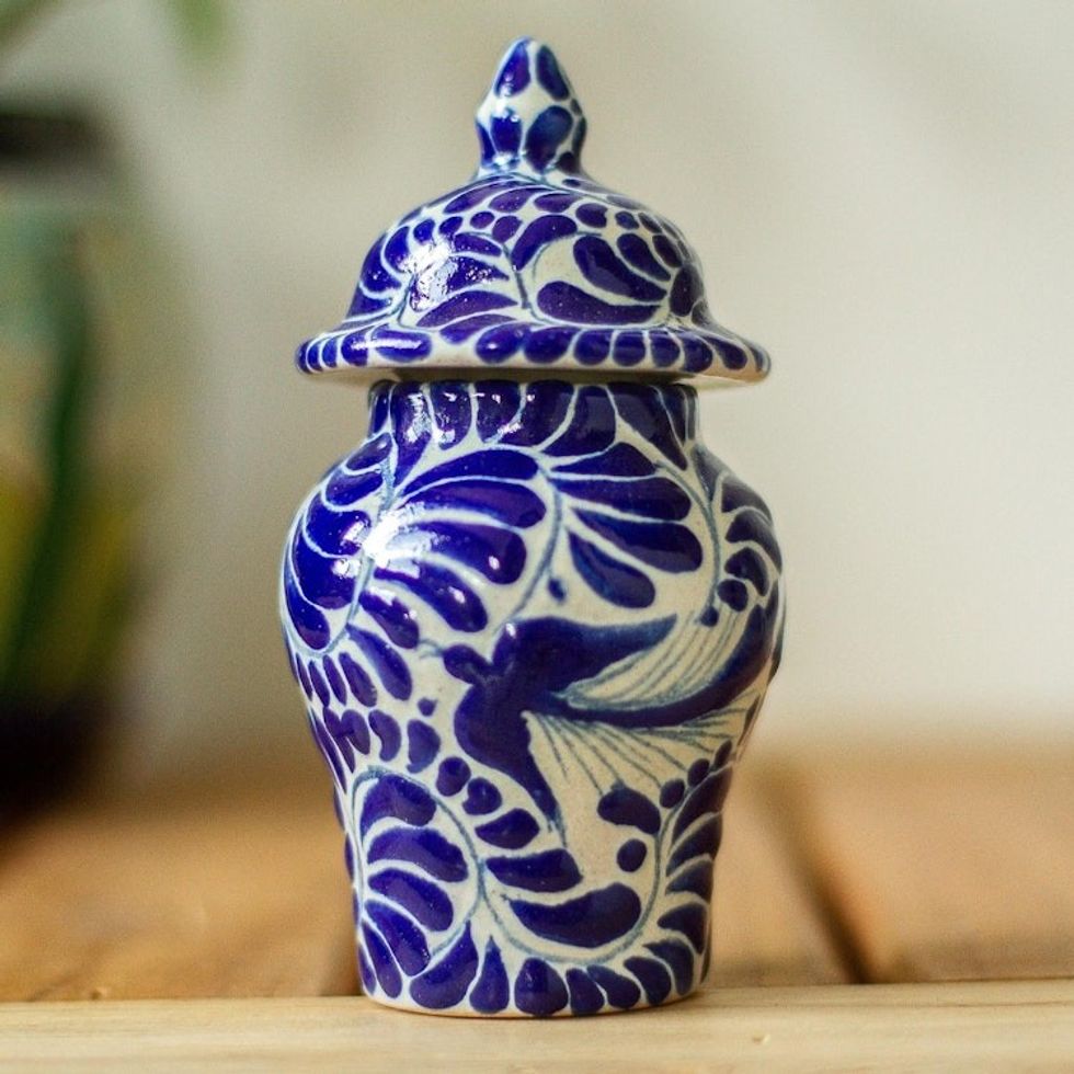 Blue on Ivory Swallow Motif Talavera Style Ginger Jar 'Blue Puebla Swallow'