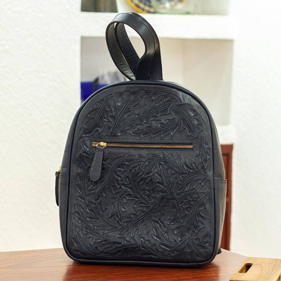 Hand Crafted Navy Leather Backpack 'Falling Leaves in Navy'