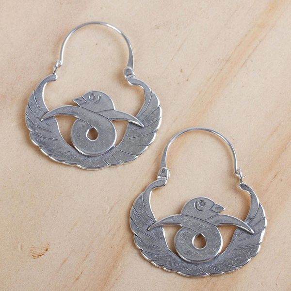 Alternate image for Bird-Themed Sterling Silver Hoop Earrings from Mexico Gracious Birds