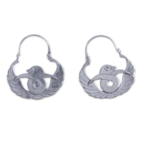 Alternate image for Bird-Themed Sterling Silver Hoop Earrings from Mexico Gracious Birds