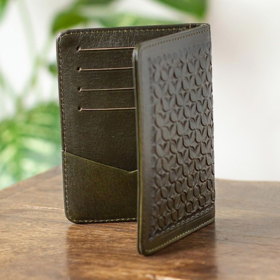 Army Green Embossed Leather Passport Holder from Mexico 'Deep Olive Traveler'