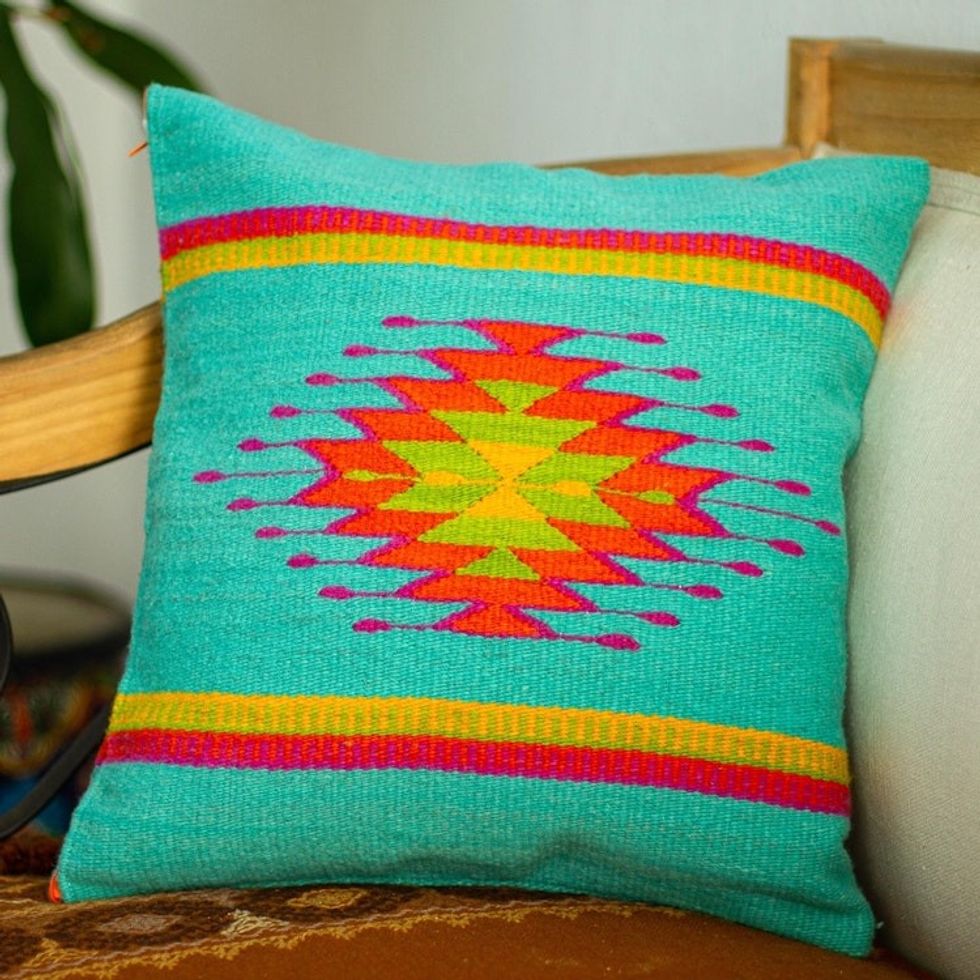 Colorful Wool Hand Loomed Cushion Cover 'Oaxacan Sunset'