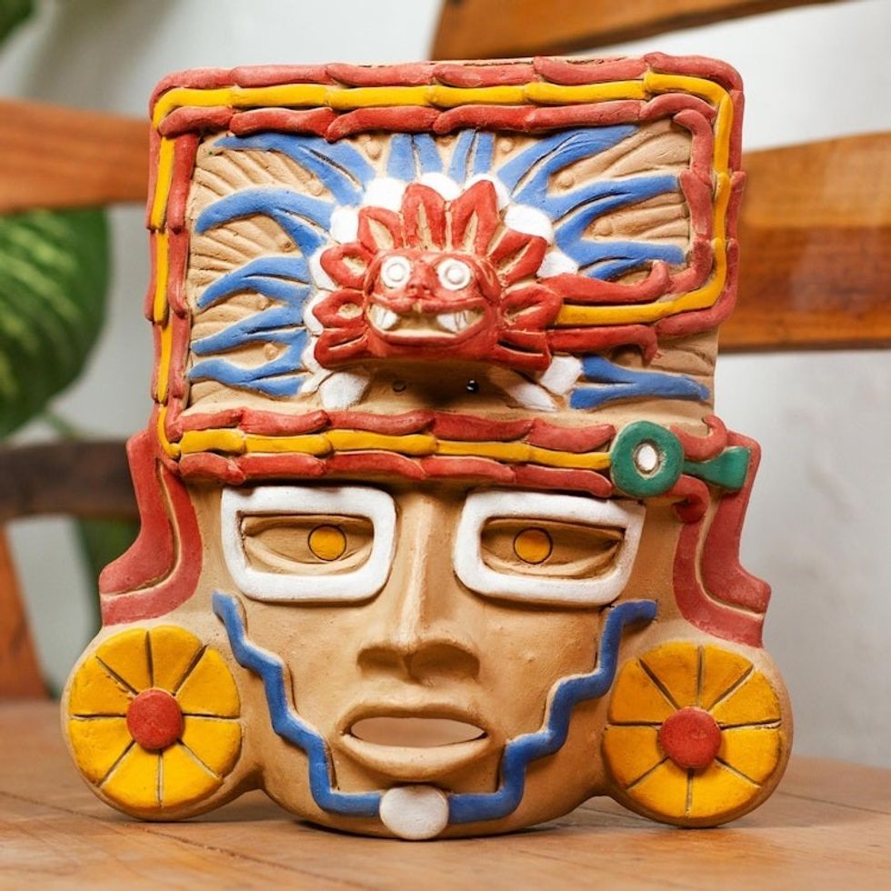 Handcrafted Ceramic Wall Accent 'Quetzalcoatl Sun God Mask'