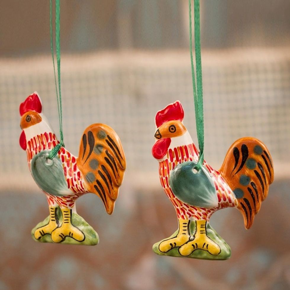 Maiolica Ceramic Rooster Ornament Pair from Mexico 'Holiday Roosters'