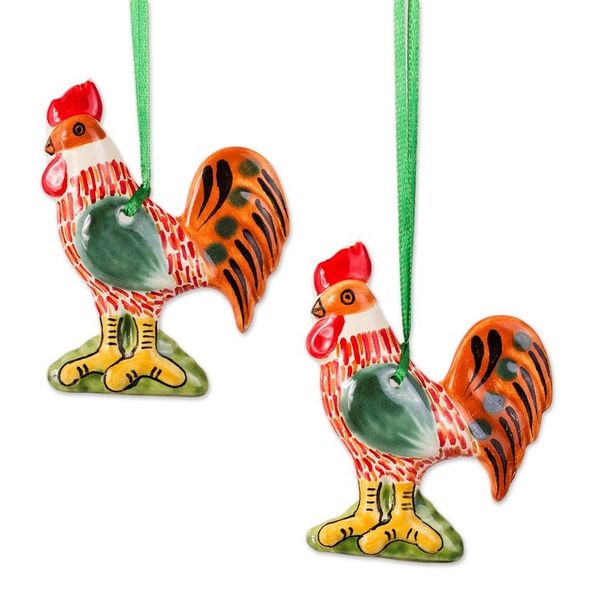 Alternate image for Maiolica Ceramic Rooster Ornament Pair from Mexico Holiday Roosters