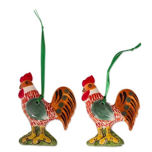 Alternate image for Maiolica Ceramic Rooster Ornament Pair from Mexico Holiday Roosters