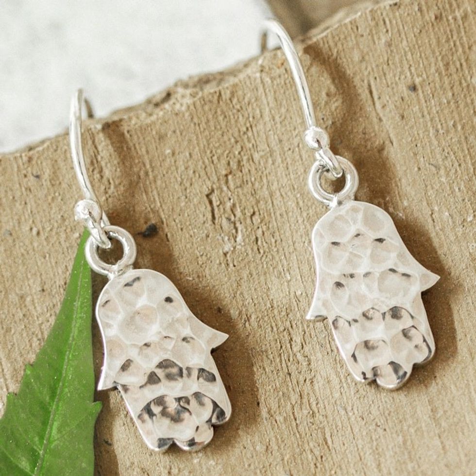 950 Silver Hamsa Hand Dangle Earrings from Mexico 'Magic Hands'