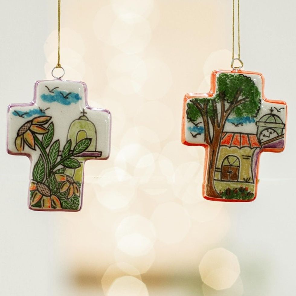 Two Church Theme Ceramic Cross Ornaments from Mexico 'Church on the Plaza'