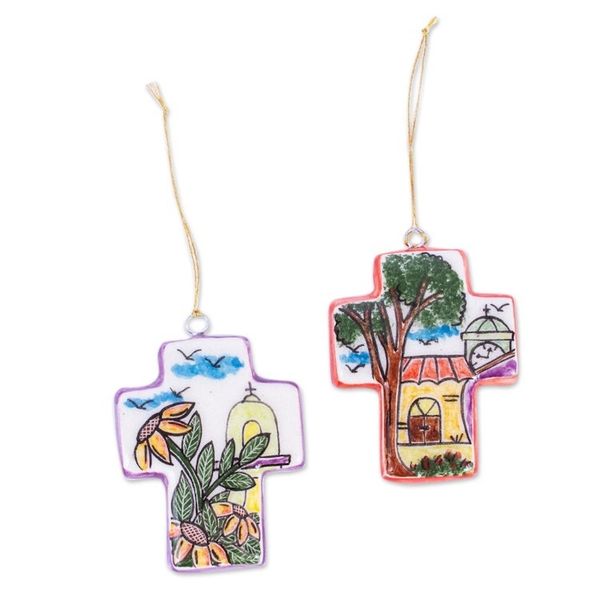 Alternate image for Two Church Theme Ceramic Cross Ornaments from Mexico Church on the Plaza