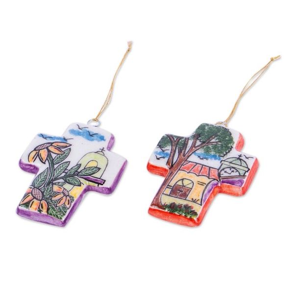 Alternate image for Two Church Theme Ceramic Cross Ornaments from Mexico Church on the Plaza
