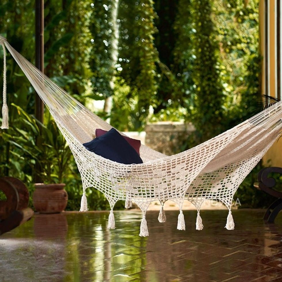 Beige Tasseled Cotton Hammock Triple From Mexico 'Veranda in Beige'