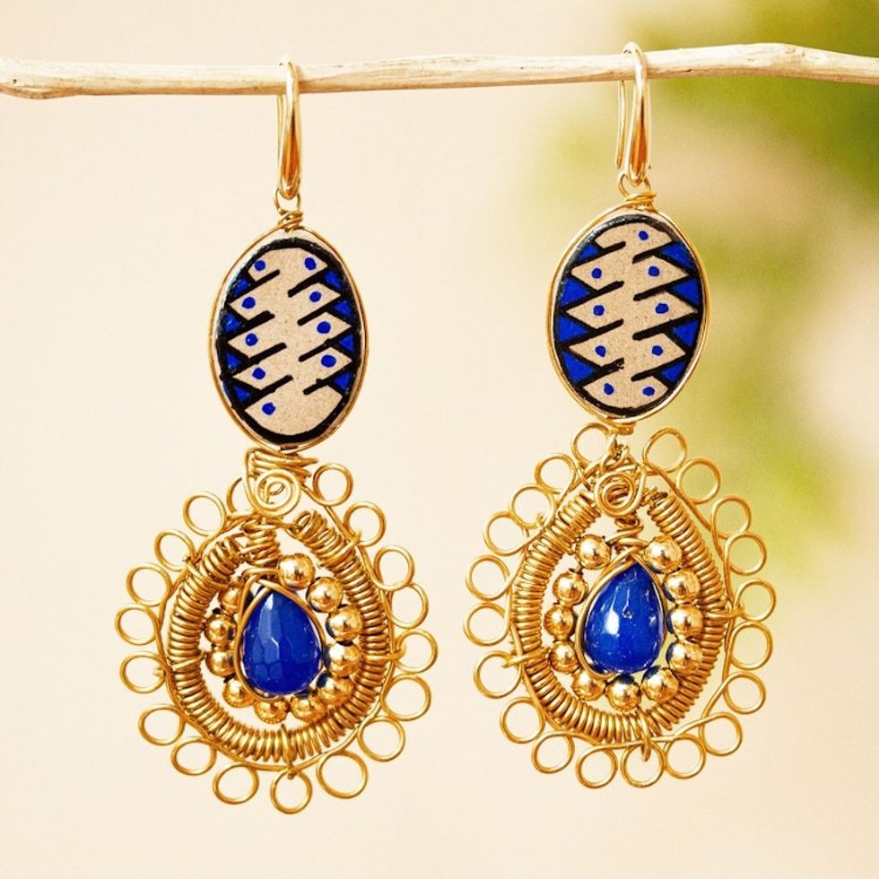 Beaded Gold Plate Dangle Earrings 'Mixed Media in Royal'