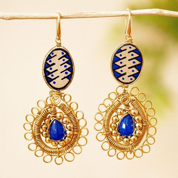 Alternate image for Beaded Gold Plate Dangle Earrings Mixed Media in Royal