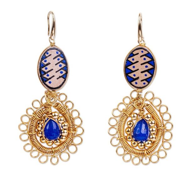 Alternate image for Beaded Gold Plate Dangle Earrings Mixed Media in Royal
