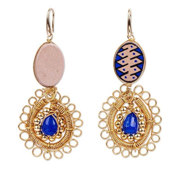 Alternate image for Beaded Gold Plate Dangle Earrings Mixed Media in Royal