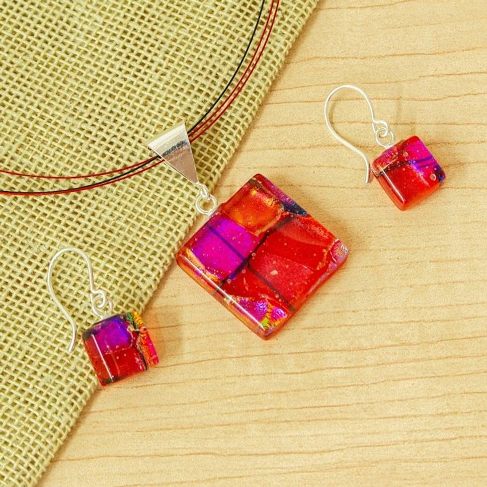 Scarlet Dichroic Art Glass Necklace Earrings Jewelry Set 'Scarlet Glow'
