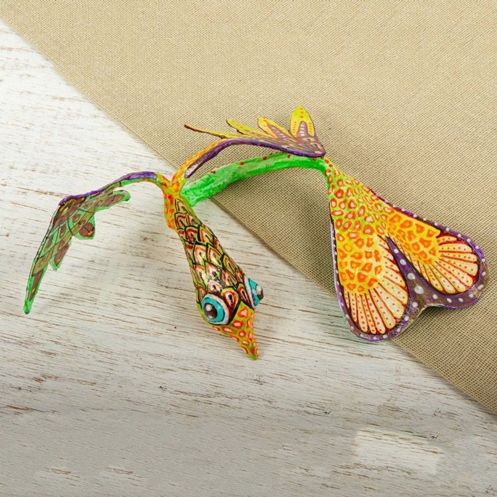 Bright Hand Painted Quetzalcoatl Alebrije Sculpture 'Colorful Quetzalcoatl'