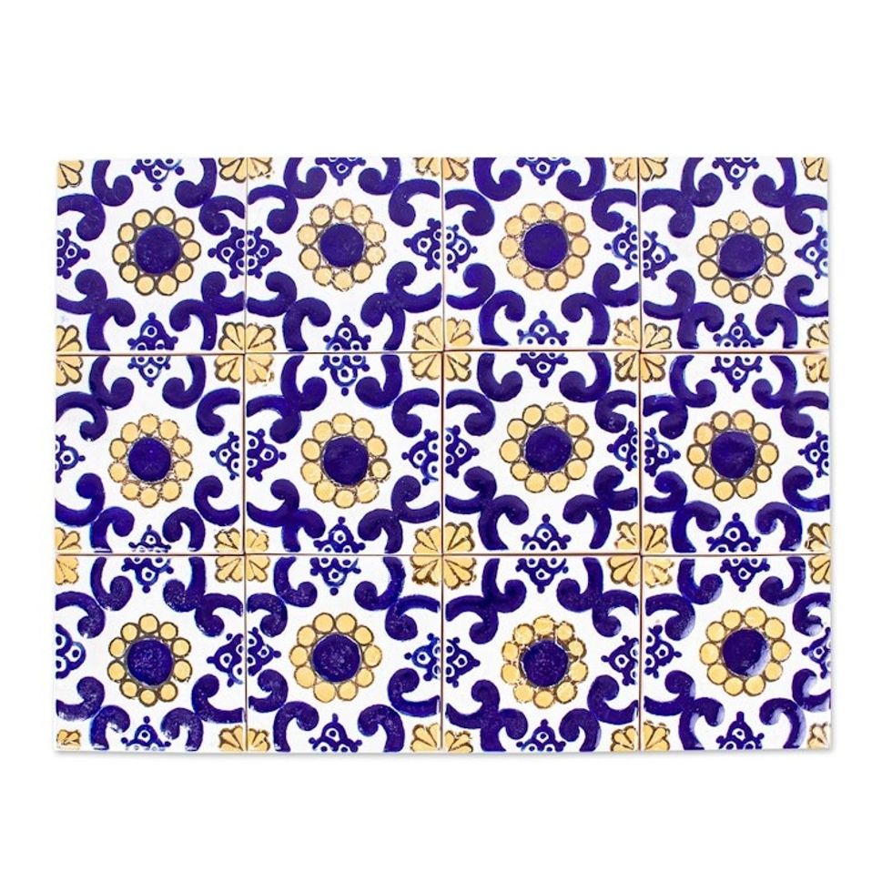 Talavera-Style Ceramic Tiles Set of 12 'Sunflower'