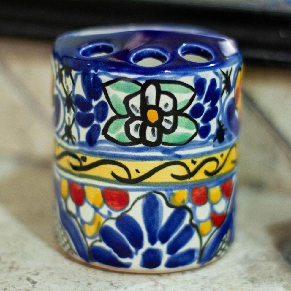Colorful Ceramic Talavera-Style Toothbrush Holder 'Cobalt Flowers'