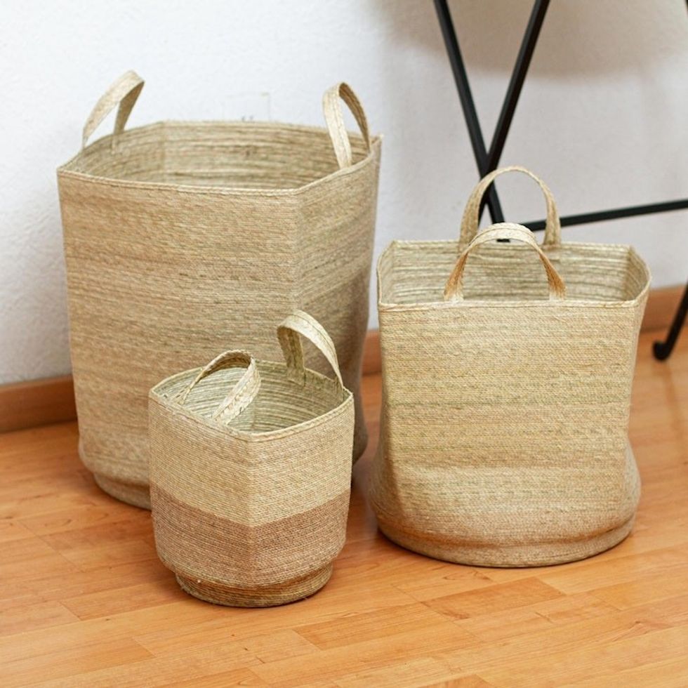 Palm Frond Fiber Squared Basket Home Accents Set of 3 'Mesoamerican Totes'