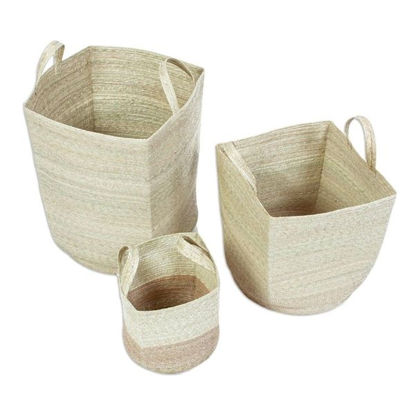 Alternate image for Palm Frond Fiber Squared Basket Home Accents Set of 3 Mesoamerican Totes