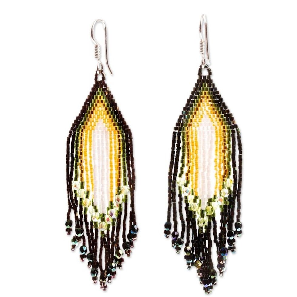 Huichol Espresso-White-Yellow Beadwork Waterfall Earrings 'Espresso and Yellow Rivers'