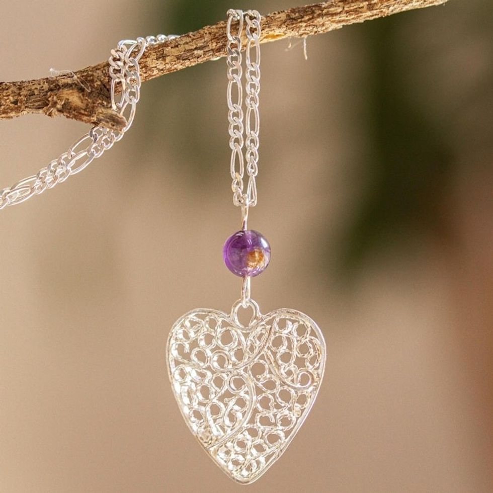 Mexican Filigree Sterling Silver Heart Pendant Necklace 'Ethereal Harmony'