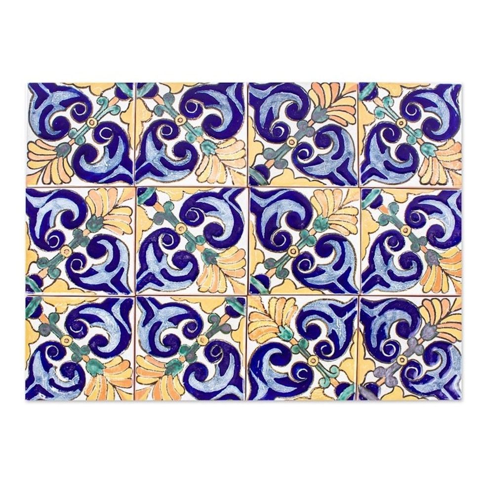 Handmade Talavera-Style Tiles Set of 12 'Colorful Fans'