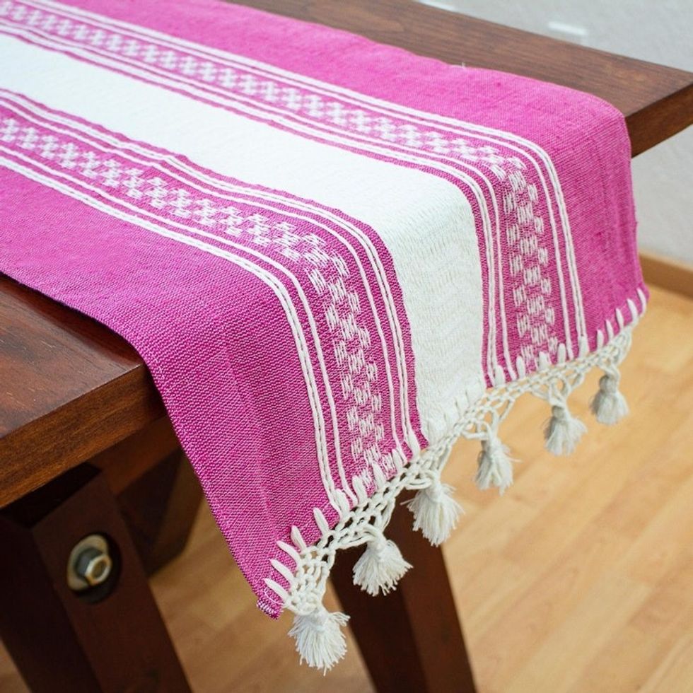 98 Inch Handwoven Fuchsia Ivory Cotton Table Runner 'Oaxaca Azalea'