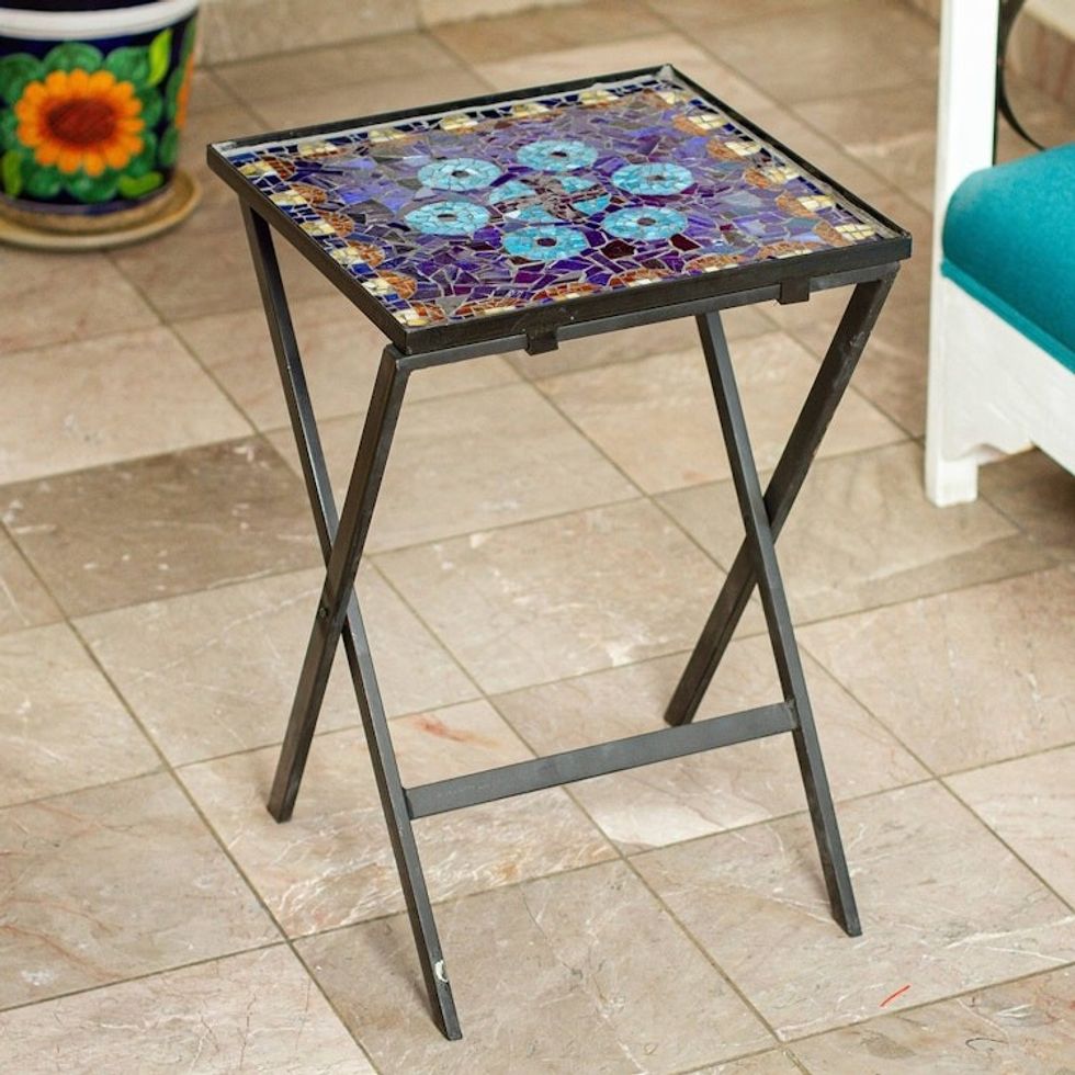Handcrafted Blue Mandala Stained Glass Mosaic Folding Table 'Blue Circle Symmetry'