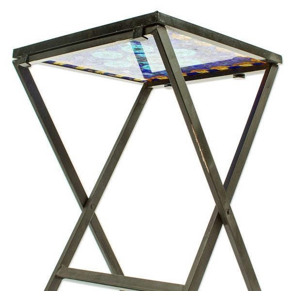 Alternate image for Handcrafted Blue Mandala Stained Glass Mosaic Folding Table Blue Circle Symmetry