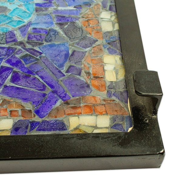 Alternate image for Handcrafted Blue Mandala Stained Glass Mosaic Folding Table Blue Circle Symmetry
