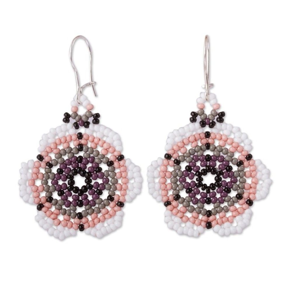 Floral Glass Beaded Dangle Earrings from Mexico 'Cool Bloom'