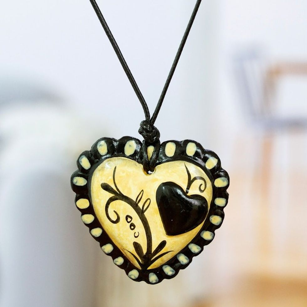 Hand Painted Black Beige Papier Mache Heart Necklace 'Two Loving Hearts'